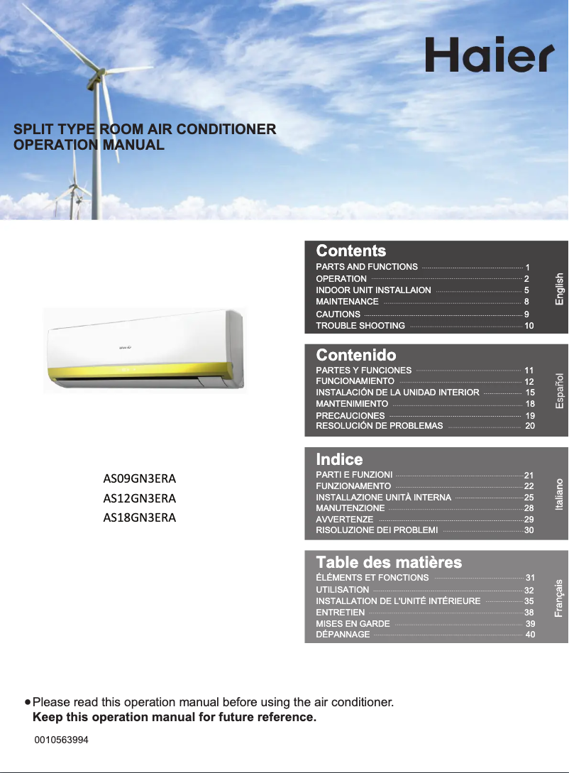 Image de la première page du manuel de l'appareil AS18GN3ERA