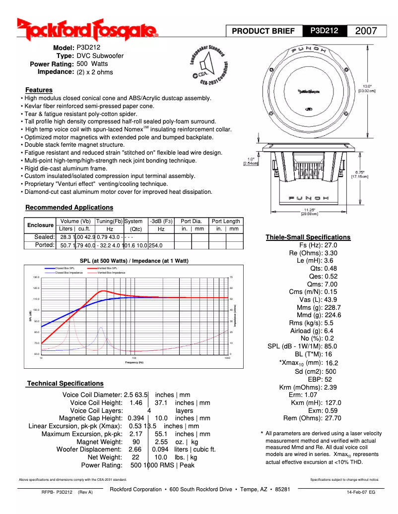 Page 1 de la notice Fiche technique Rockford Fosgate Punch P3D4-12