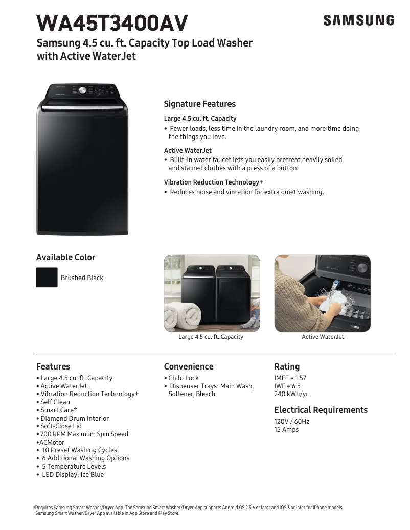 Page 1 de la notice Fiche technique Samsung WA45T3400AV