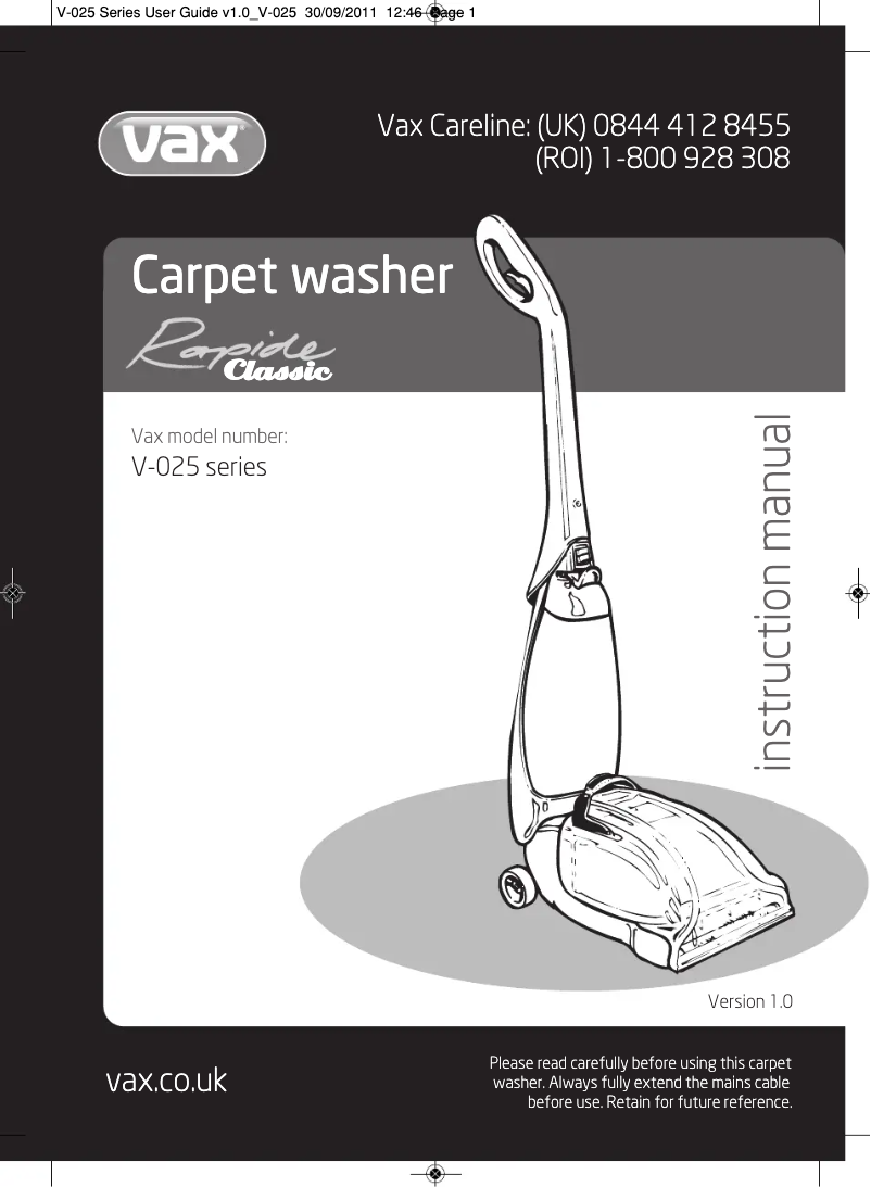 Page 1 de la notice Manuel utilisateur Vax Rapide V-025RC