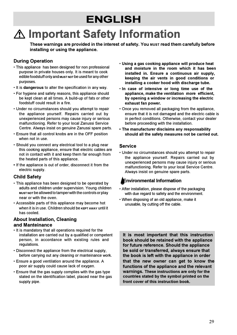 Page n°1 - Manuel utilisateur Zanussi ZGG643ITXC