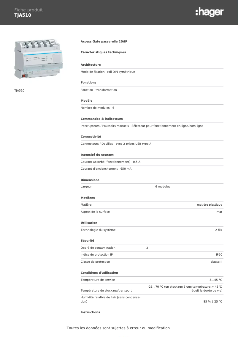 Page n°1 - Fiche technique Hager TJA510