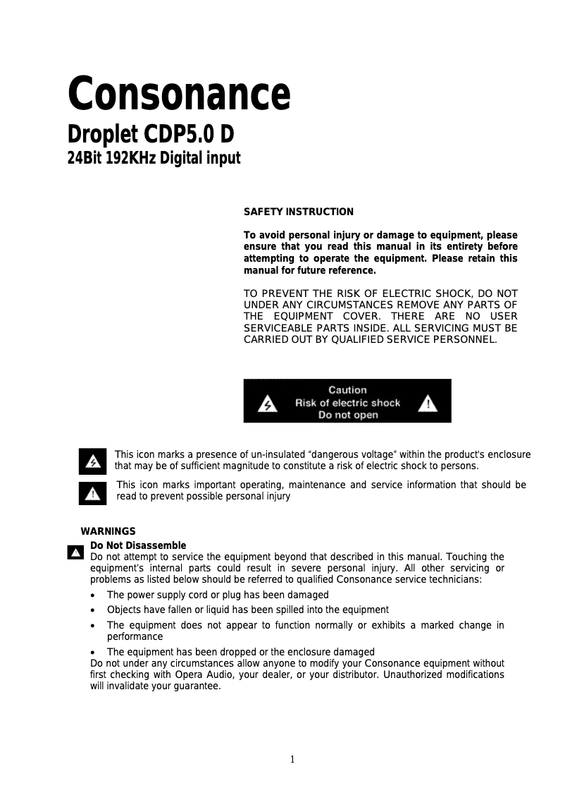 Page 1 de la notice Manuel utilisateur Opera-Consonance Droplet CDP5.0D