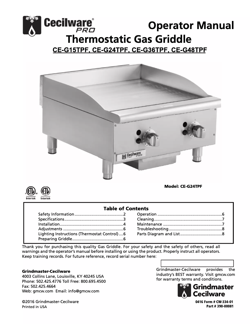 Page n°1 - Manuel utilisateur Cecilware Pro CE-G48TPF