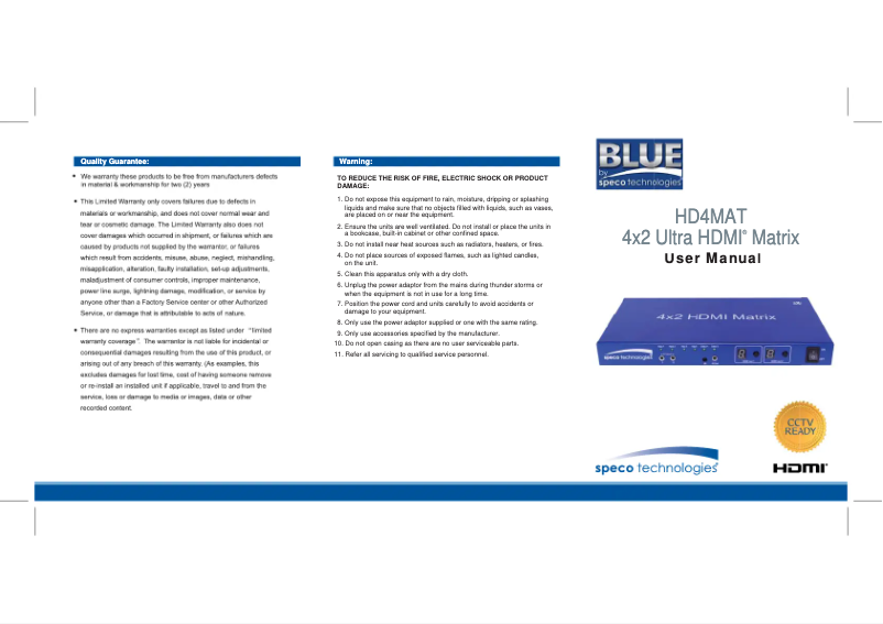 Page 1 de la notice Manuel utilisateur Speco Technologies HD4MAT