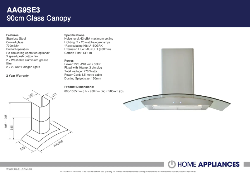 Page 1 de la notice Fiche technique ARC AAG9SE3