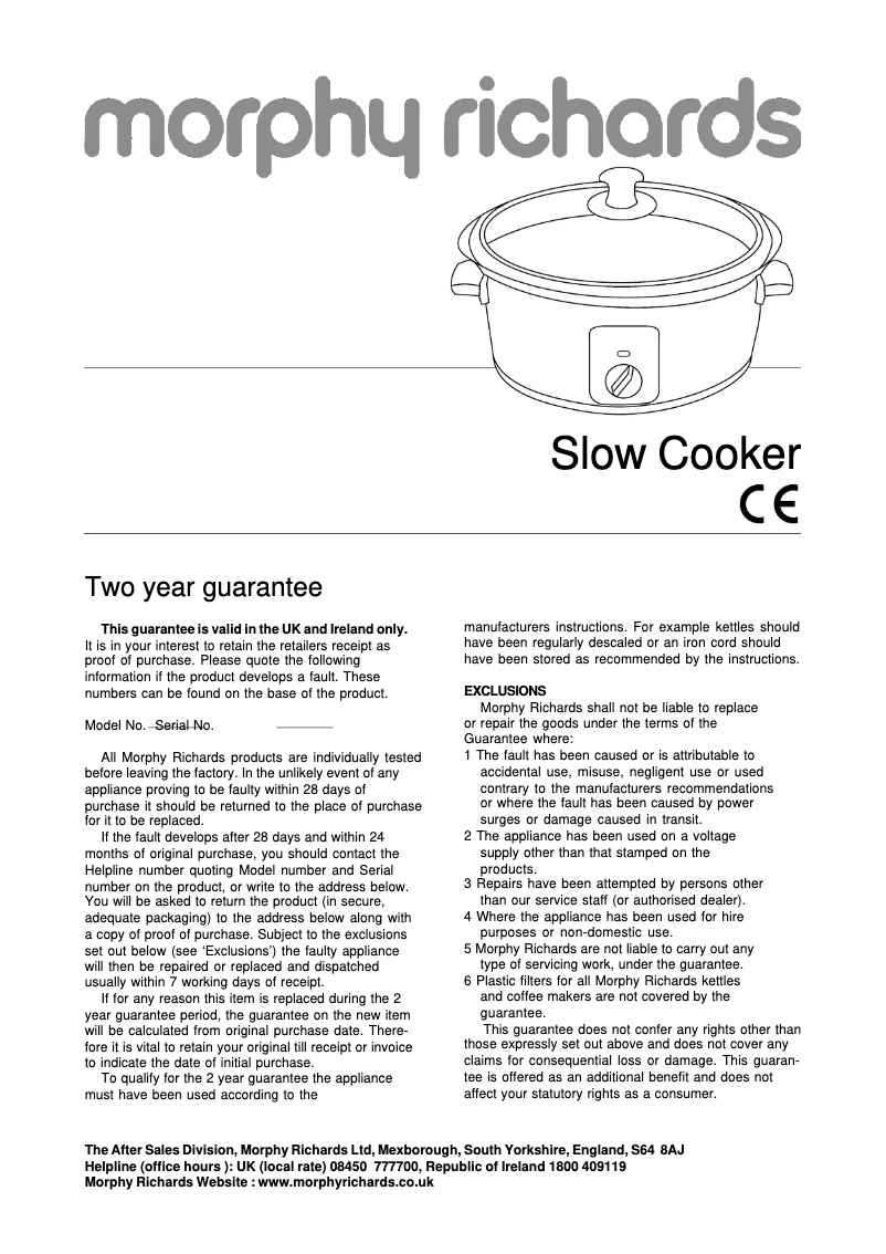 Page 1 de la notice Manuel utilisateur Morphy Richards Sear & Stew 48710