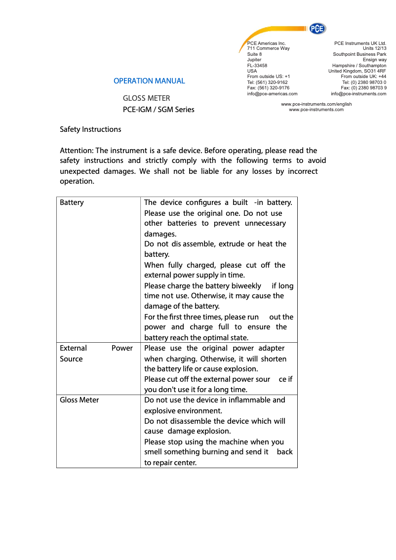 Page 1 de la notice Manuel utilisateur PCE Instruments PCE-SGM 60