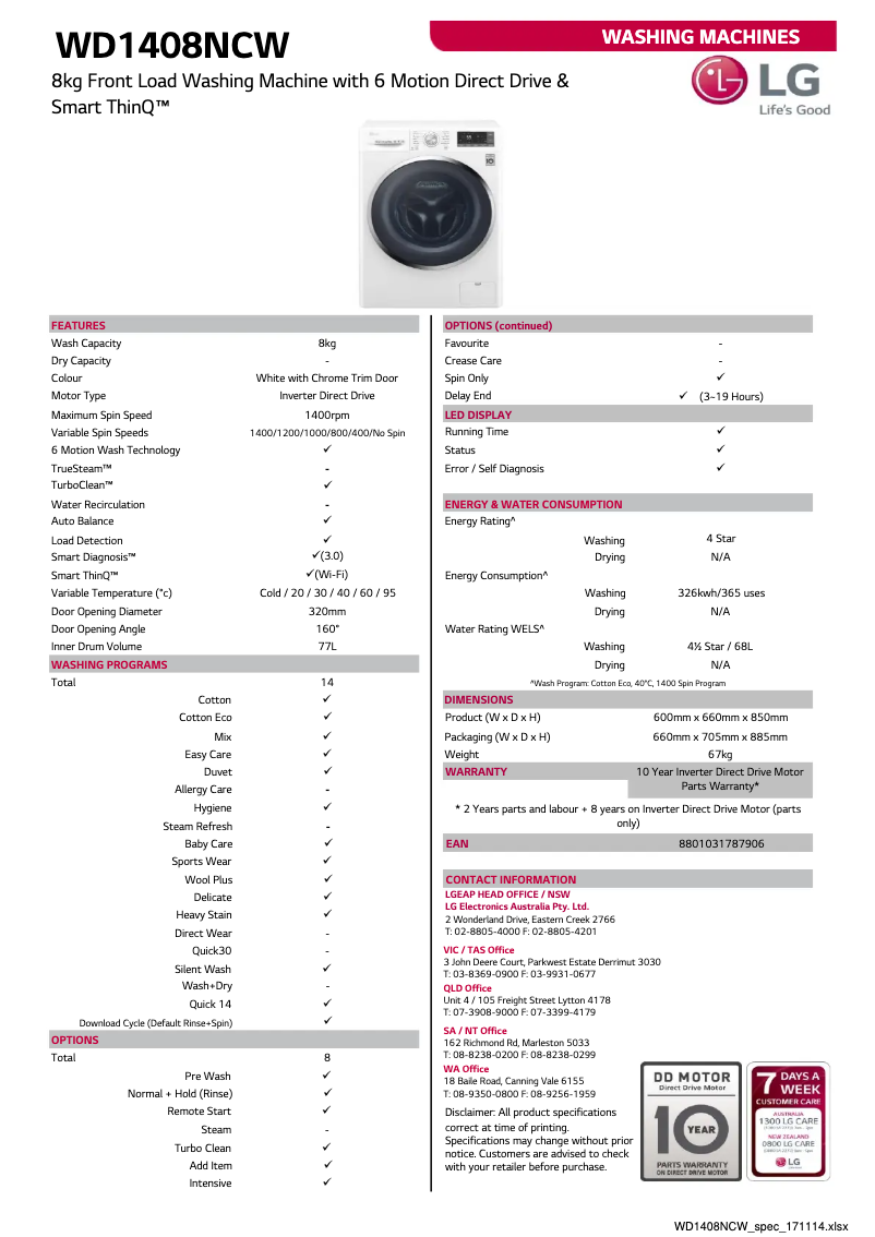 Page 1 de la notice Fiche technique LG WD1408NCW