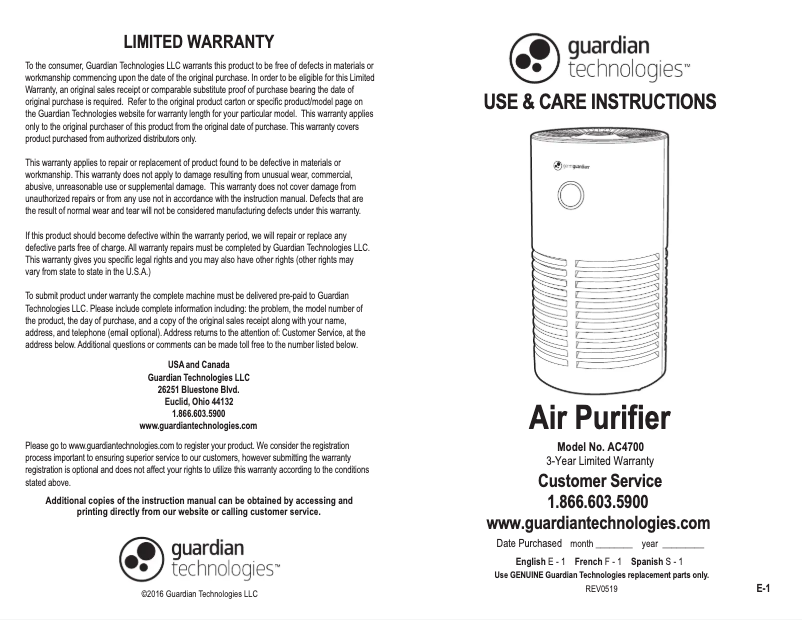Page n°1 - Manuel utilisateur GermGuardian AC4700