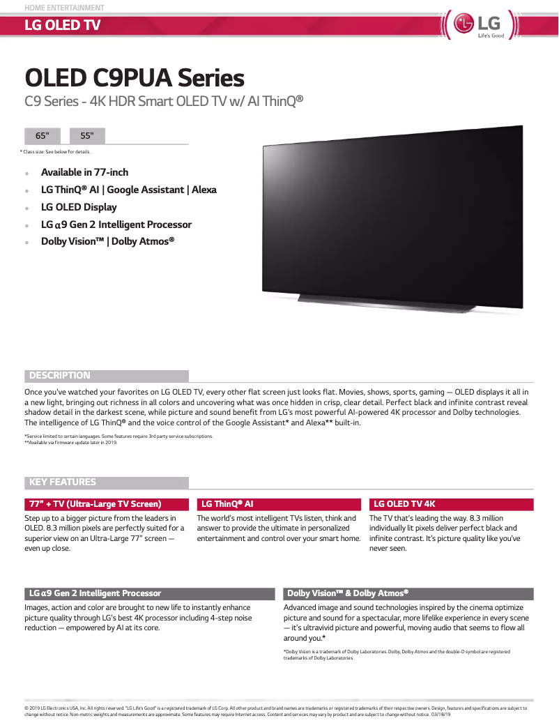 Page 1 de la notice Fiche technique LG OLED65C9PUA