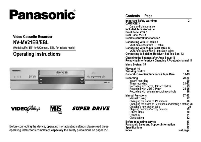 Page 1 de la notice Manuel utilisateur Panasonic NV-MV21