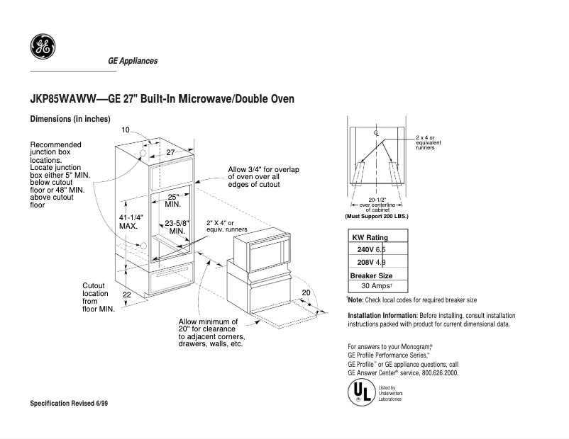 Page n°1 - Fiche technique GE JKP85WAWW