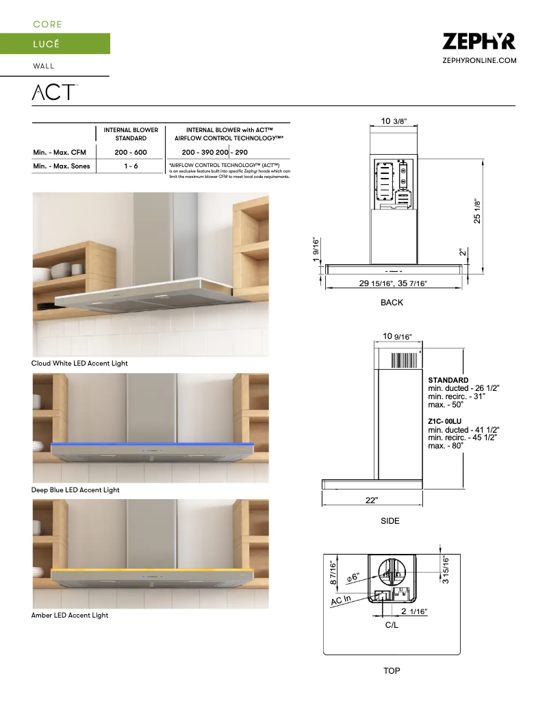 Page 1 de la notice Fiche technique Zephyr Luca ZLU-M90CS