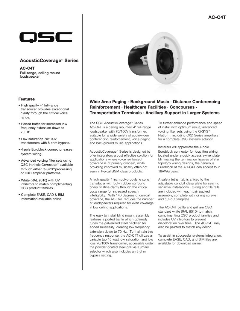 Página 1 del manual Ficha técnica QSC AC-C4T