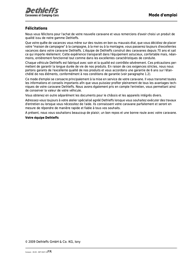 Page 1 de la notice Manuel utilisateur Dethleffs 2010