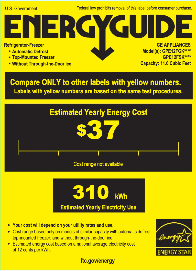 Page 1 de la notice Label énergétique GE GPE12FSKSB