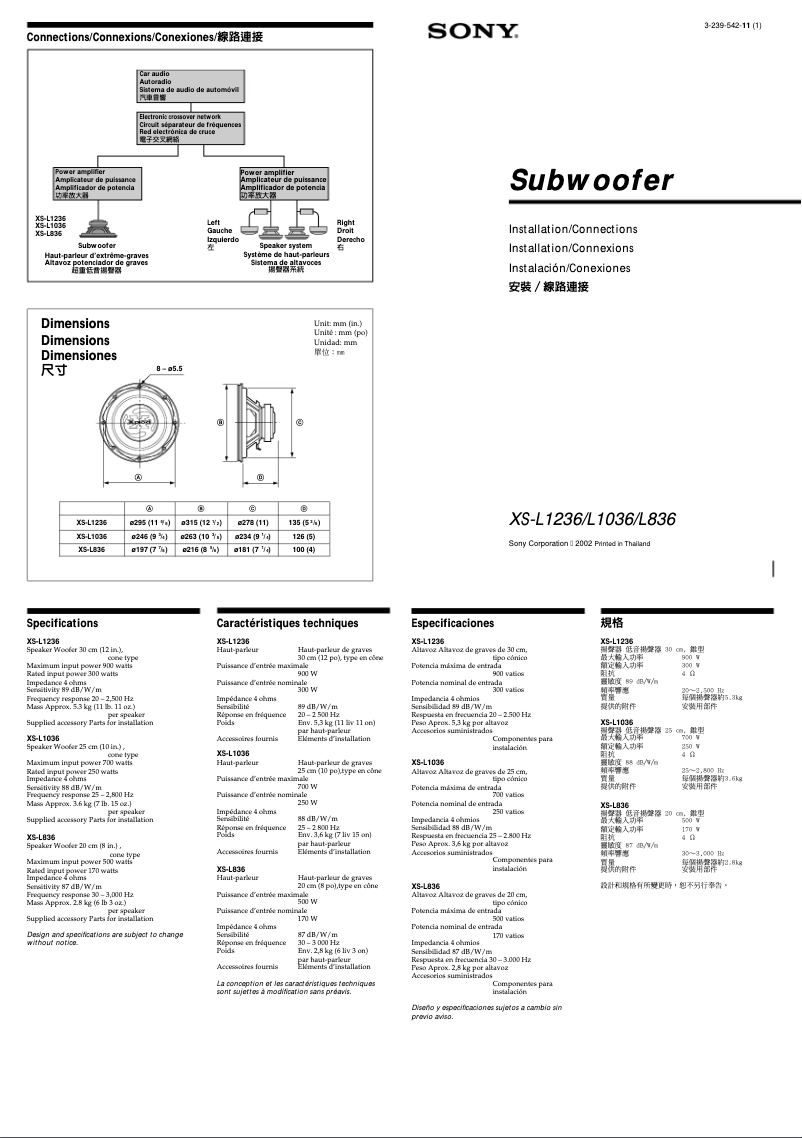 Page 1 de la notice Manuel utilisateur Sony XS-L1236