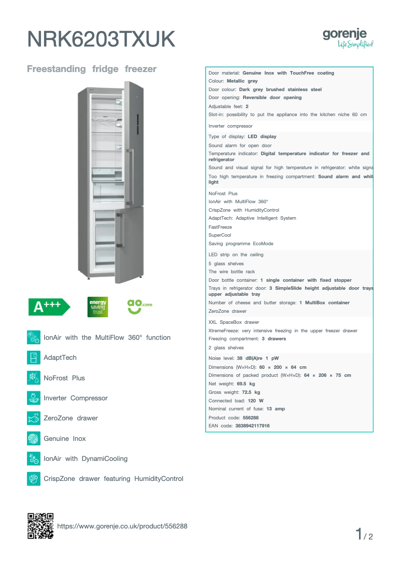 Page n°1 - Fiche technique Gorenje NRK6203TXUK