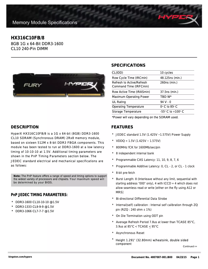Page 1 de la notice Manuel utilisateur Kingston HyperX FURY