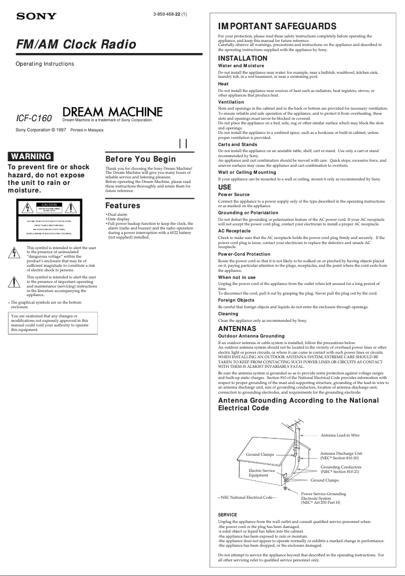Page 1 de la notice Manuel utilisateur Sony ICF-C160
