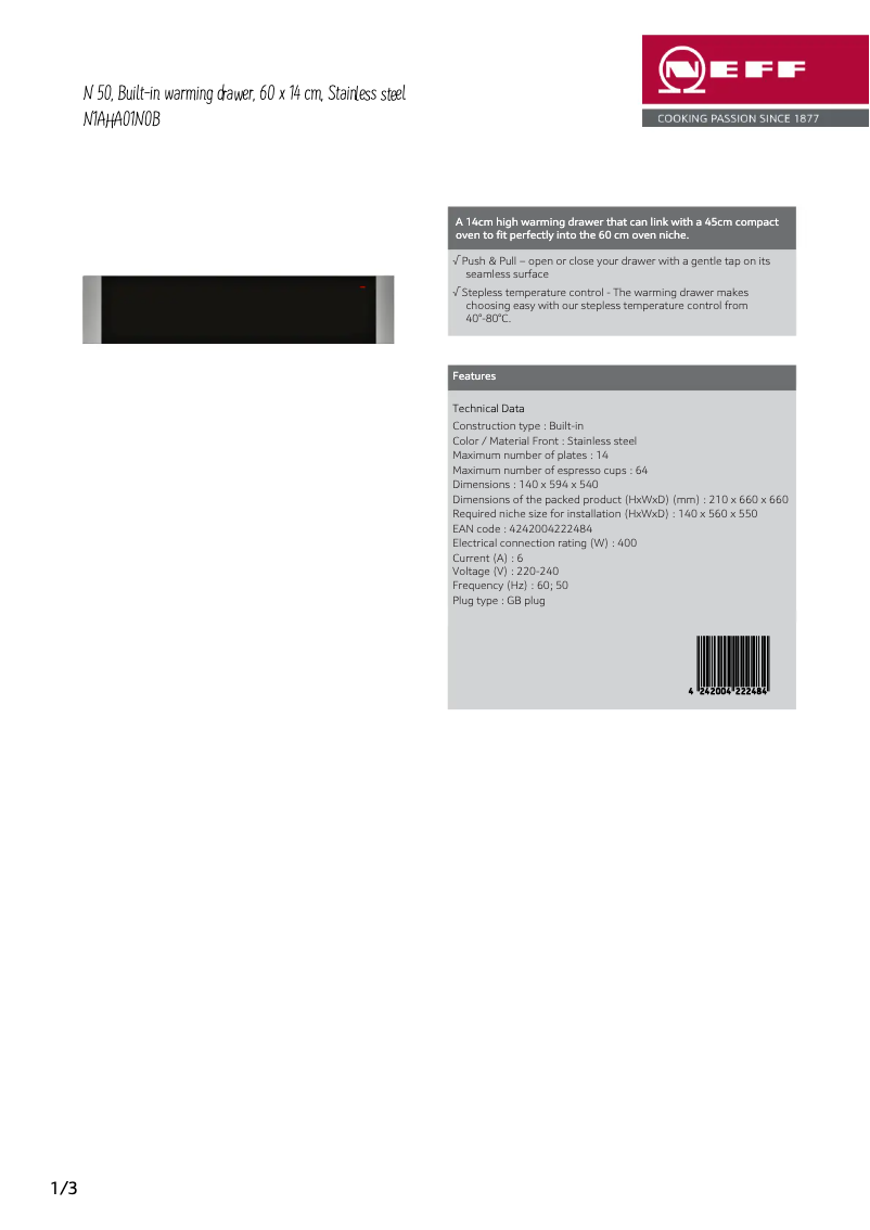 Page 1 de la notice Fiche technique Neff N1AHA01N0B