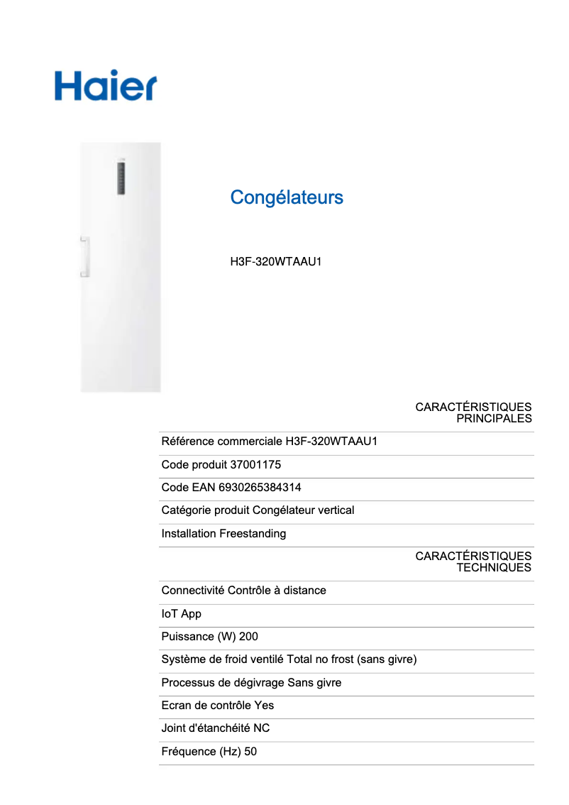 Page 1 de la notice Fiche technique Haier H3F-320WTAAU1