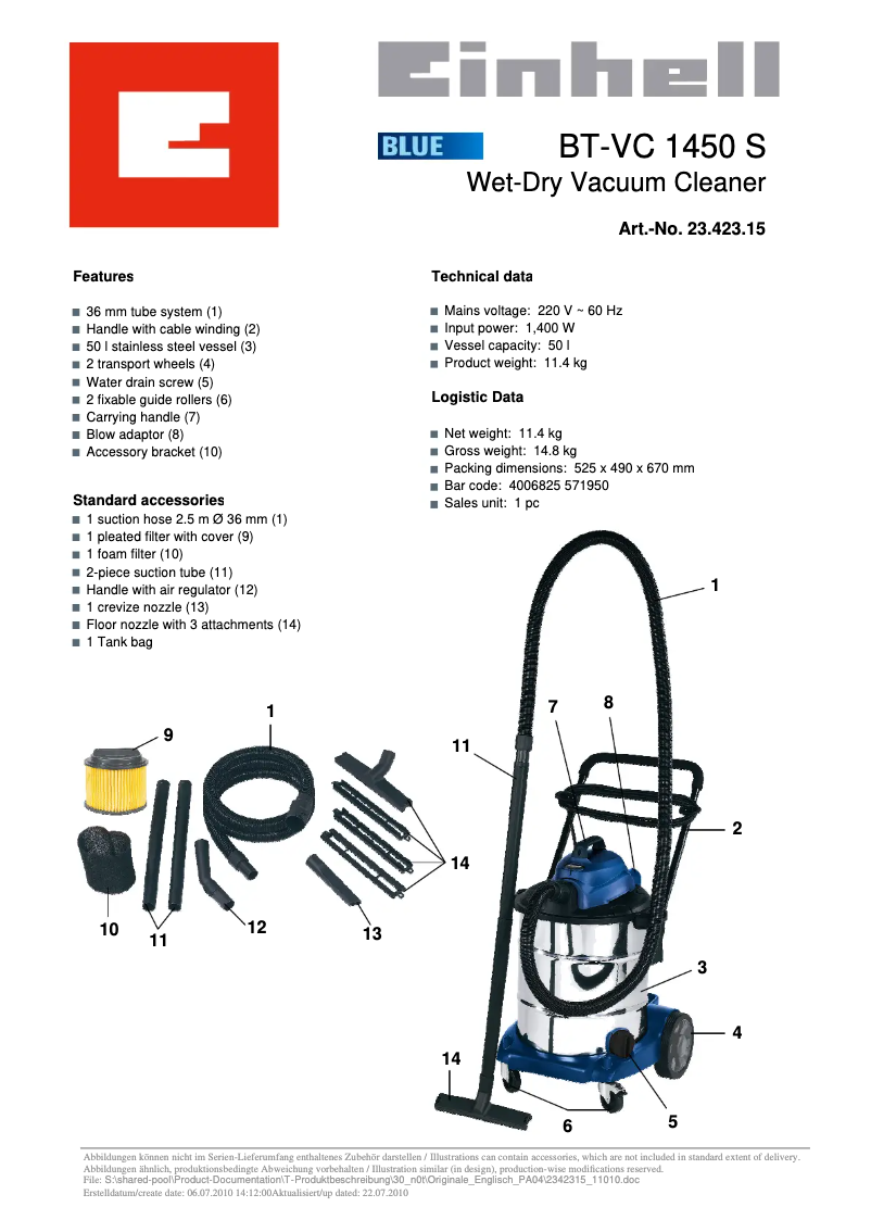 Image de la première page du manuel de l'appareil BT-VC 1450 S