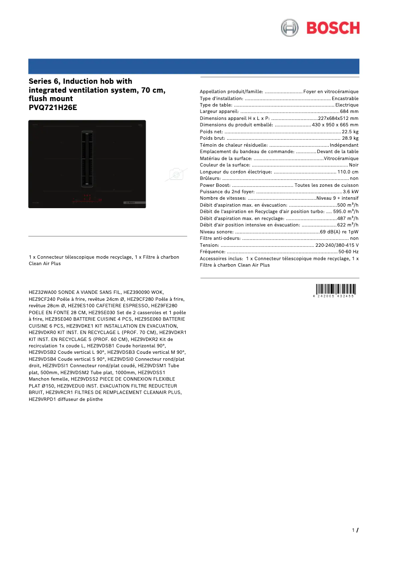 Page 1 de la notice Fiche technique Bosch PVQ721H26E