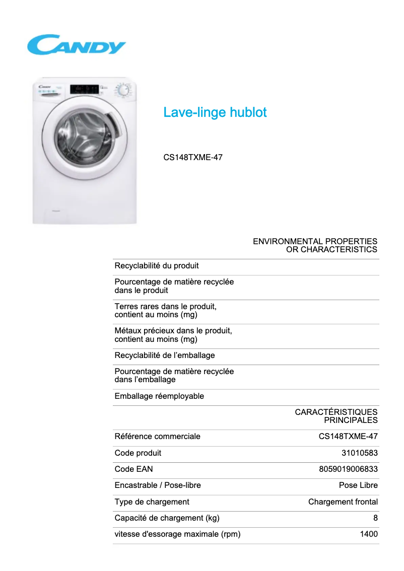Page 1 de la notice Fiche technique Candy CS148TXME-47
