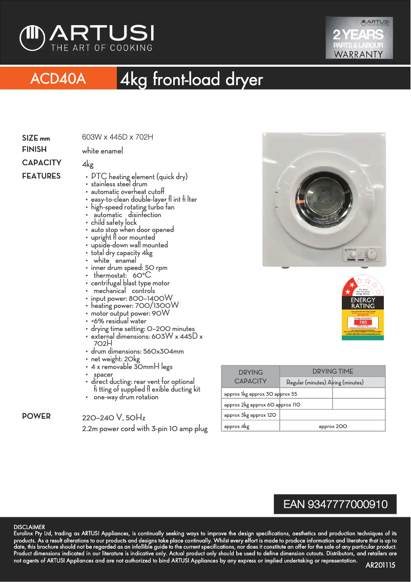 Page 1 de la notice Manuel utilisateur Artusi ACD40A