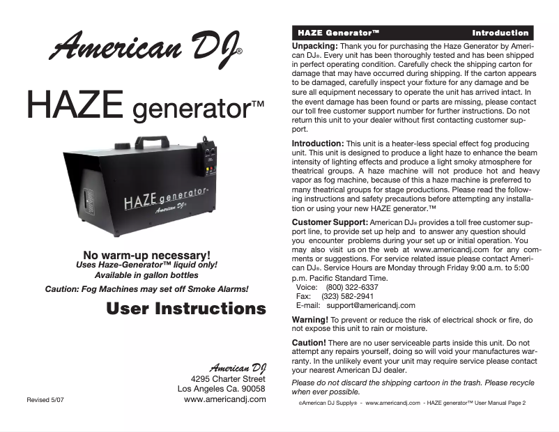 Page n°1 - Manuel utilisateur Adj HAZE generator