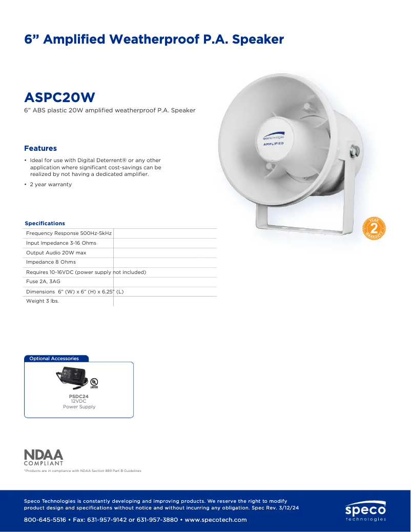 Page 1 de la notice Manuel utilisateur Speco Technologies ASPC20W