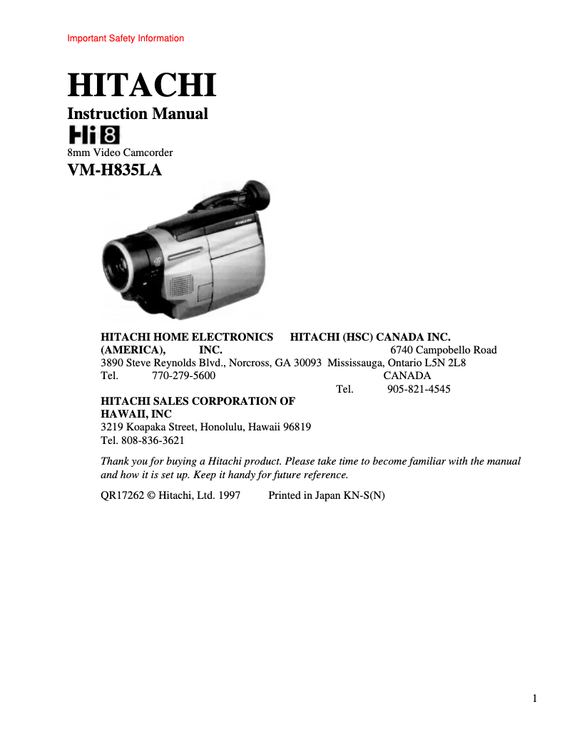Page n°1 - Manuel utilisateur Hitachi VM-E835LA