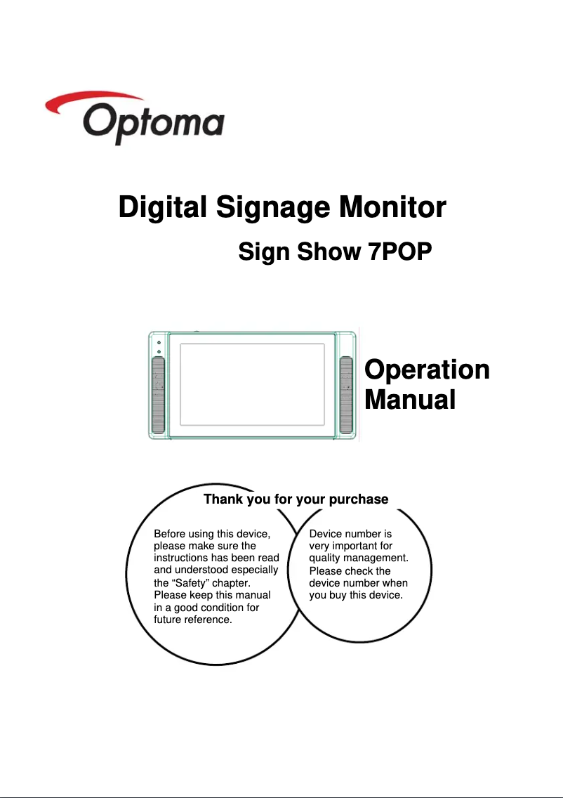 Page 1 de la notice Manuel utilisateur Optoma Digital Signage Sign Show 7POP