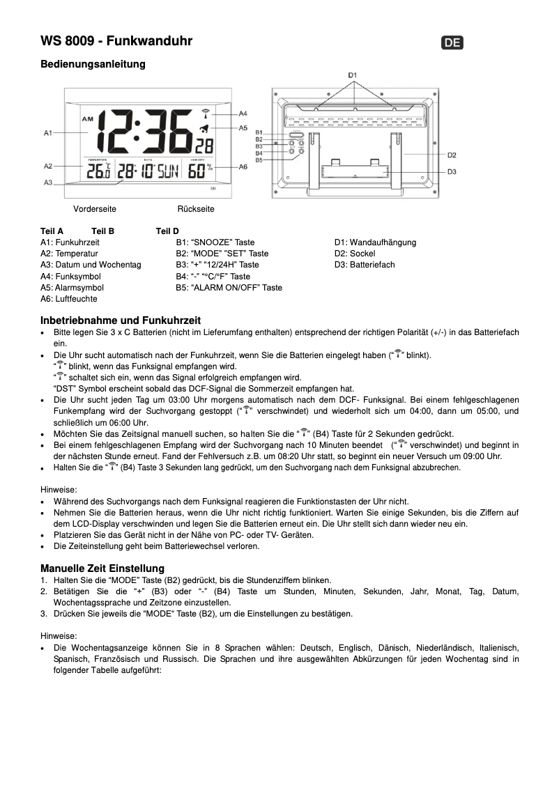 Page n°1 - Manuel utilisateur Techno Line WS 8009