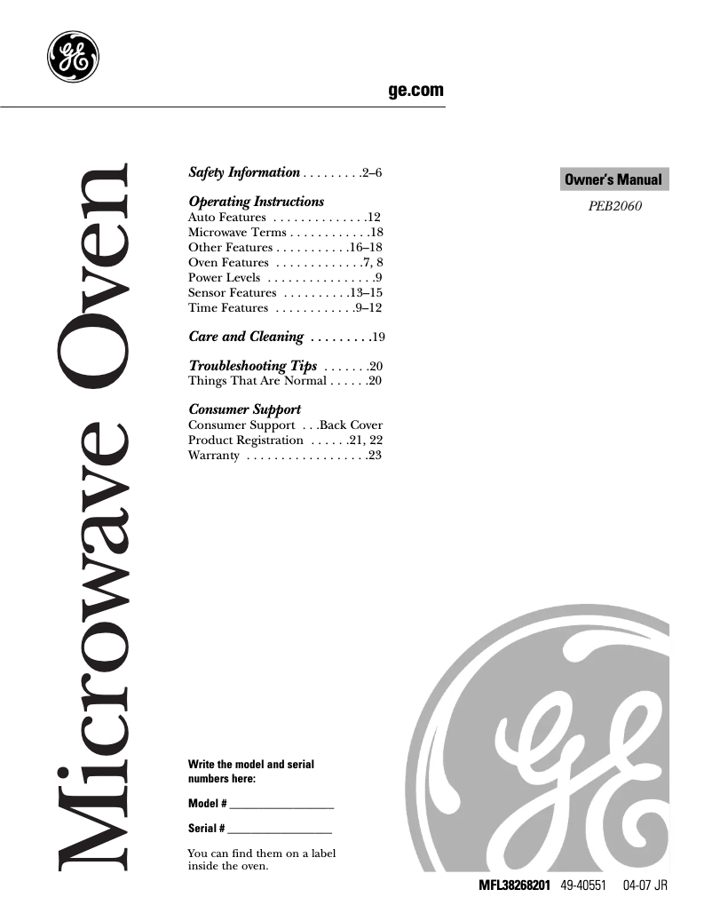 Page n°1 - Manuel utilisateur GE PEB2060DMWW