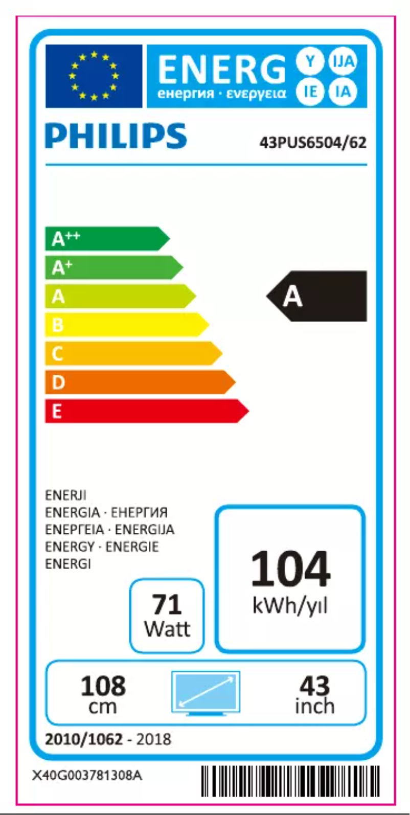 Page 1 de la notice Label énergétique Philips 43PUS6504