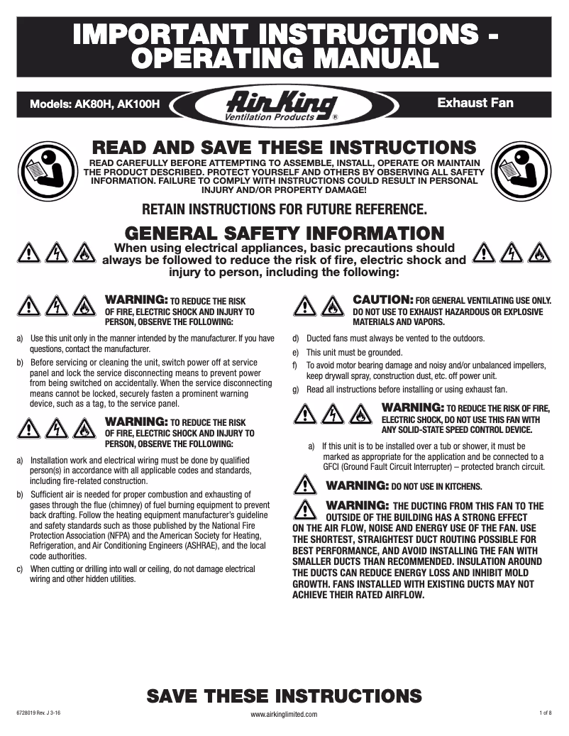 Page n°1 - Manuel utilisateur Air King AK80H