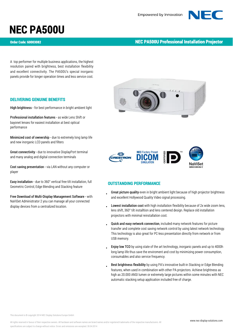 Page 1 de la notice Fiche technique NEC PA500U