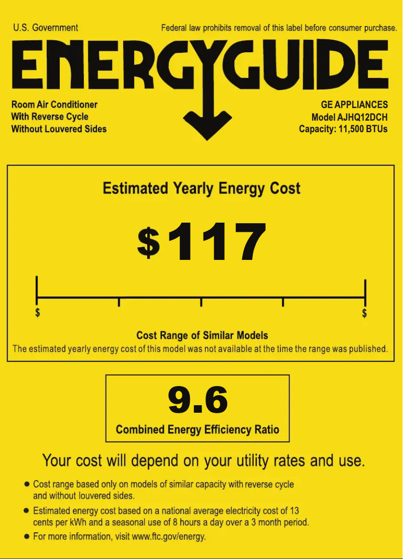 Page 1 de la notice Label énergétique GE AJHQ12DCH