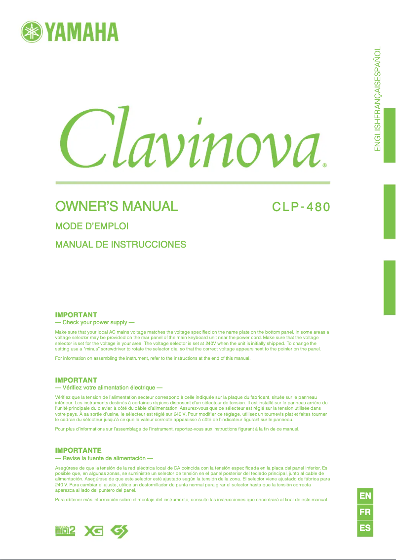 Image de la première page du manuel de l'appareil Clavinova CLP-480