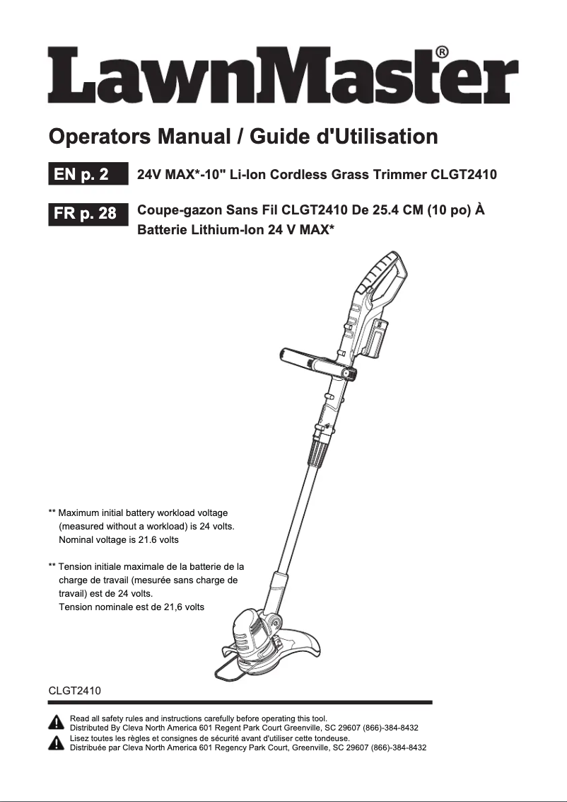 Page 1 de la notice Manuel utilisateur LawnMaster CLGT2410