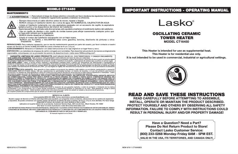 Page 1 de la notice Manuel utilisateur Lasko CT16450