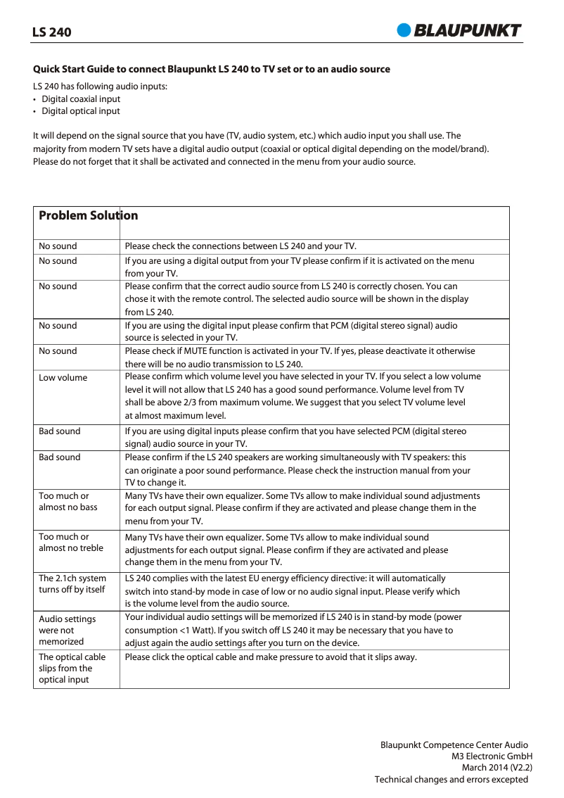 Page 1 de la notice Guide d'installation Blaupunkt LS 240-1