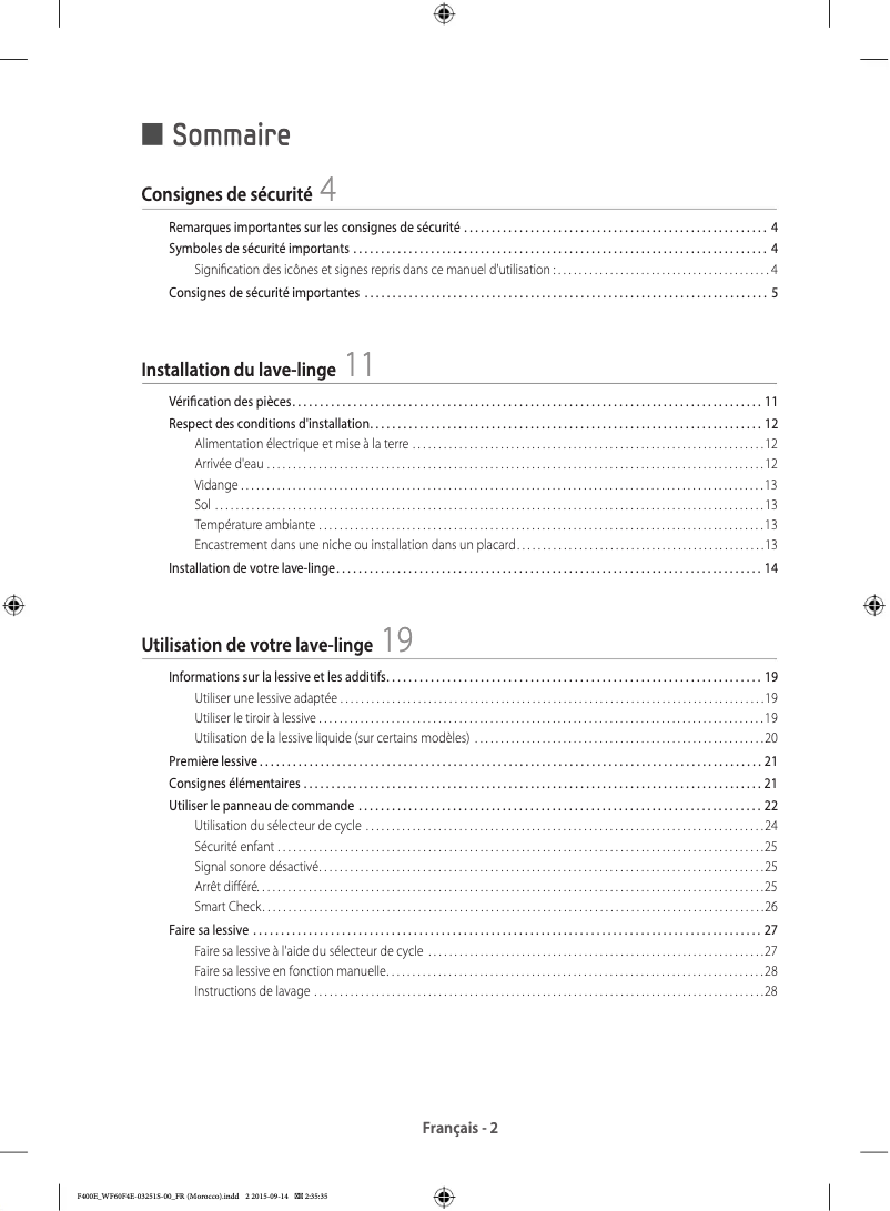 Page n°1 - Guide d'installation Samsung WF70F5E0W4W