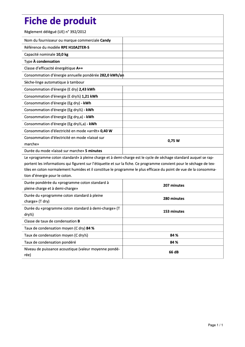 Page 1 de la notice Fiche technique Candy RPE H10A2TER-S