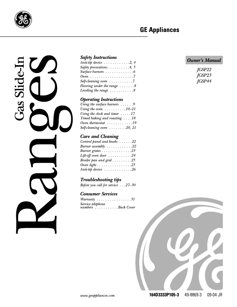 Page 1 of the manual Use and Maintenance Manual GE JGSP23CEYCC