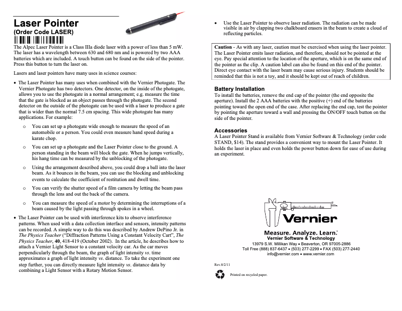 Page 1 de la notice Manuel utilisateur Vernier Laser Pointer