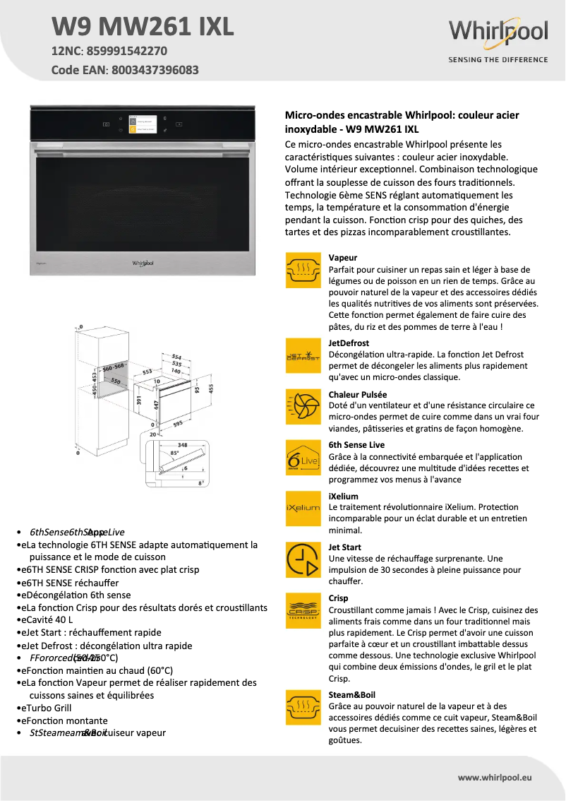 Page 1 de la notice Fiche technique Whirlpool W9 MW261 IXL